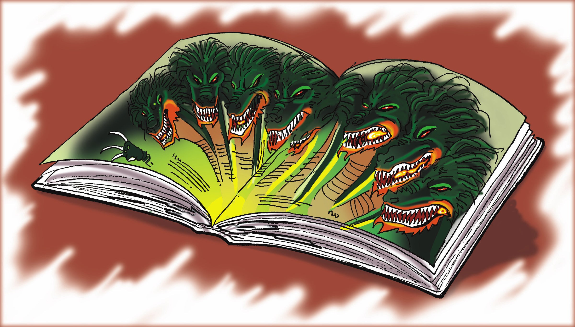 The eight-headed monster from The Crawl Space by Arthur Mills emerges from the pages of a book, its green-scaled faces snarling with razor-sharp teeth and glowing red eyes. A vivid depiction of fear and imagination brought to life.