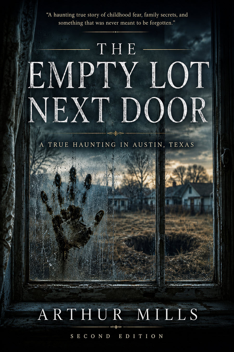 Book cover for "The Empty Lot Next Door" by Arthur Mills: a dirty handprint on a cracked window overlooking an empty lot at dusk.