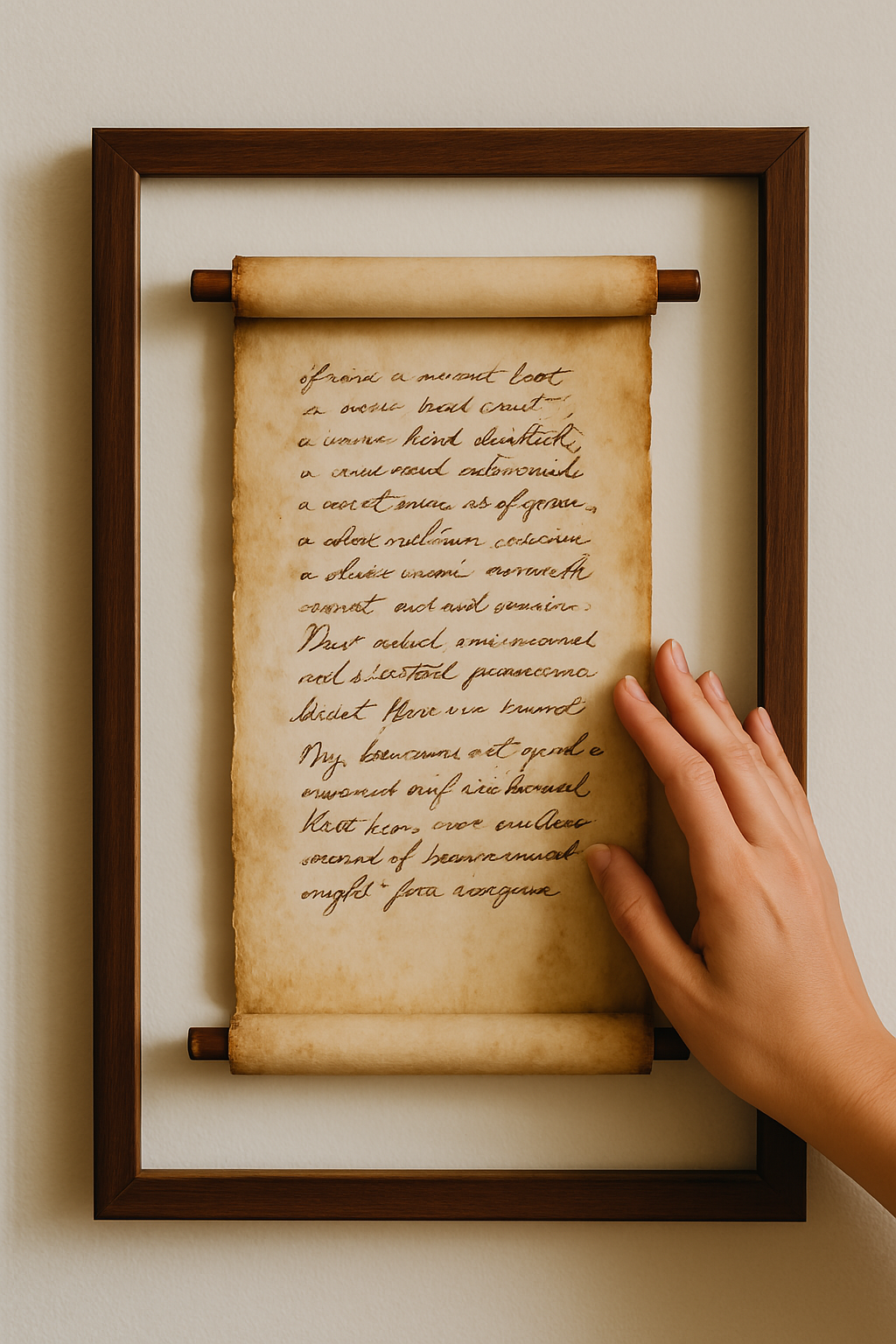 A framed parchment scroll with handwritten script, gently touched by a hand on the right side. The scroll represents remembrance, honoring the voices of forgotten souls preserved through ink and parchment in the Scrolls of Souls collection.