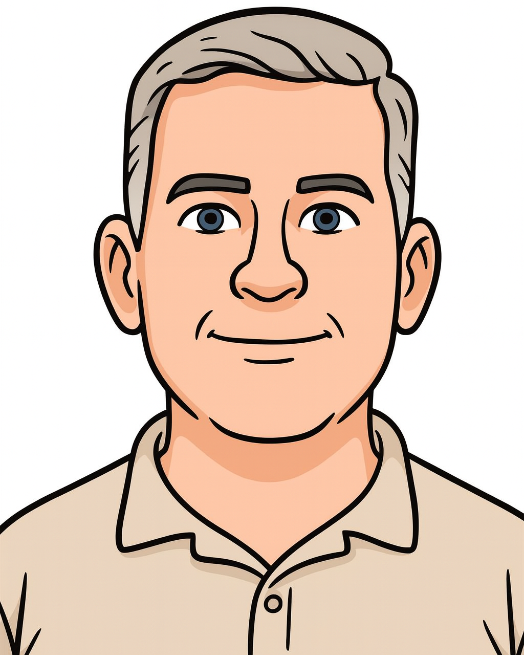 Cartoon illustration of Arthur Mills with gray hair wearing a beige shirt on a white background.
